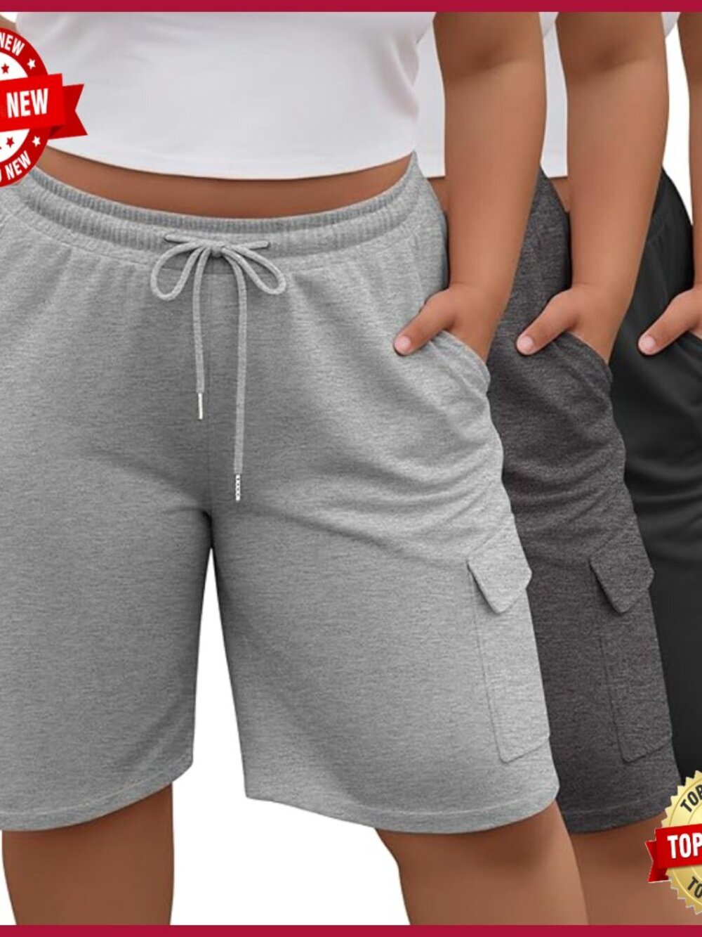 3 Pack Plus Size Cargo Shorts Elastic Drawstring Bermuda Casual Athletic Yoga